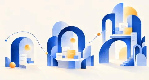 Illustration géométrique bleue : des tâches individuelles reliées deviennent un workflow partagé et réutilisable en équipe.