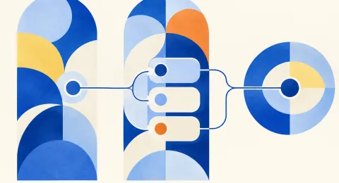 Illustration géométrique d’un workflow de développement avec des agents IA, en bleu sur fond ivoire