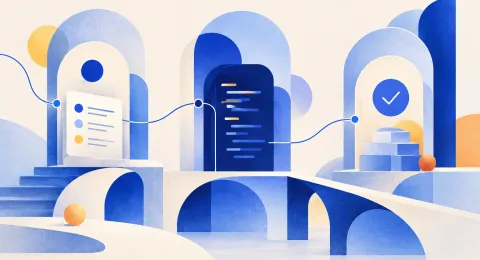 Des spécifications au code contrôlé : trois arches bleues reliées par un parcours de validation.