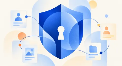Illustration géométrique bleue : un bouclier protège des fiches de données personnelles et des documents reliés entre eux.